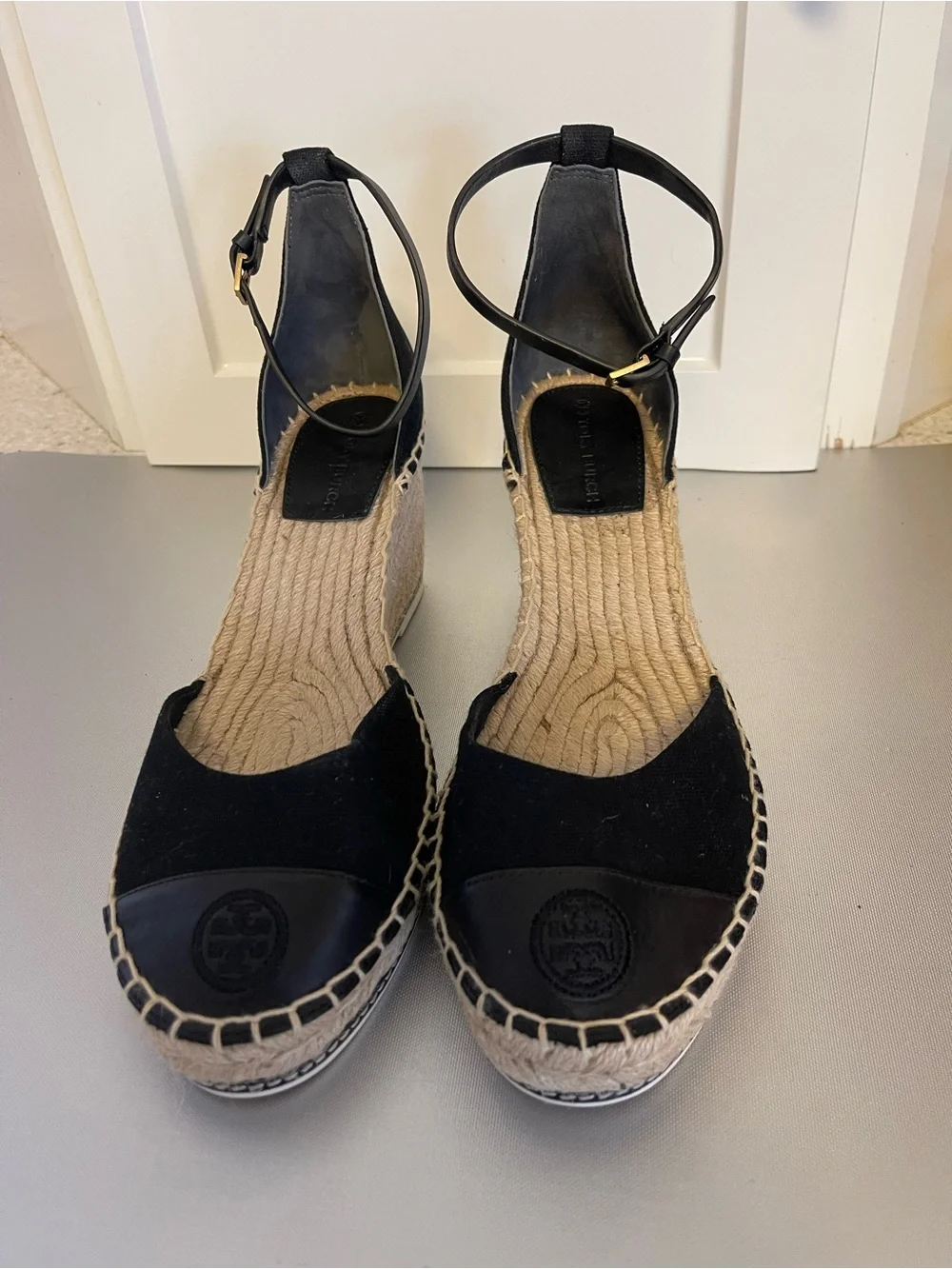 Tory Burch Black Espadrille Wedge Nappa Sandals w/ Ankle Strap Color Block Sz 11